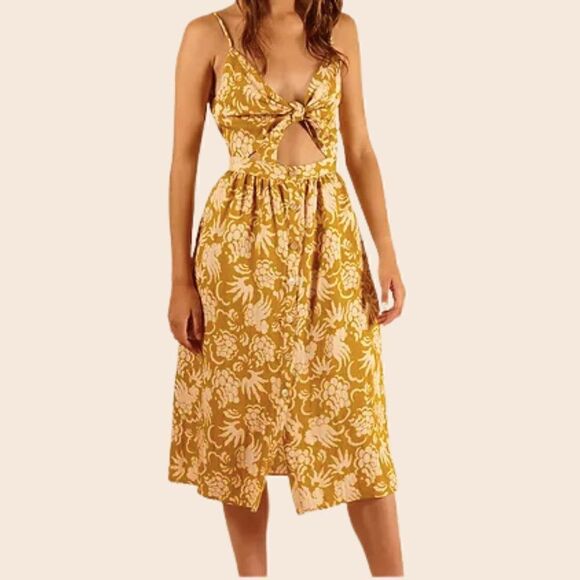 FRNCH PARIS - Afida Yellow Floral Buttonfront Cutout Midi Dress Size Medium - Picture 1 of 14